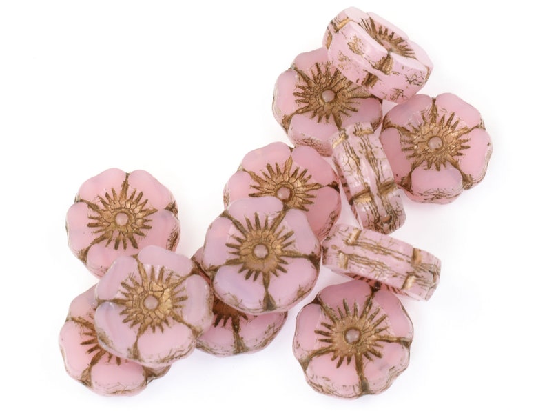 12mm Hibiscus Flower Beads Pink Opaline with Antique Finish Czech Glass Translucent Pastel Light Pink Beads for Flower Jewelry 092 zdjęcie 6