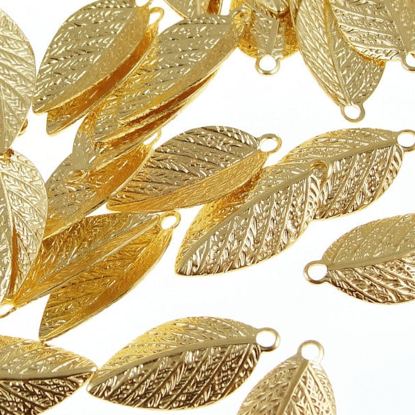 Gold Leaf Charms Plated Gold Leaves 15mm x 7mm Golden Leaves Autumn Fall