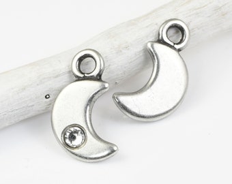 Tiny Silver Crescent Moon Charm with Clear Crystal - TierraCast Dark Antique Silver Charm - 11mm x 14mm Celestial Flat Moon Drop (P2658)
