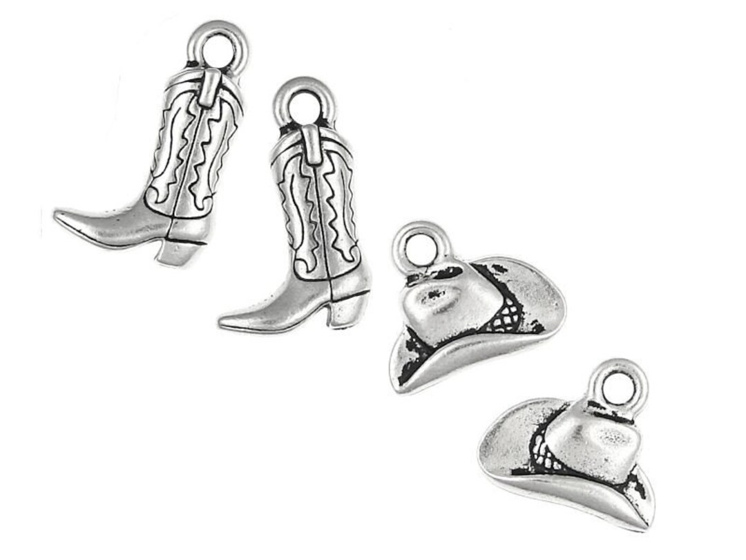 Silver Western Charms 4 Piece Set Tierracast Western Cowboy Boot and Stetson Hat Charms Antique