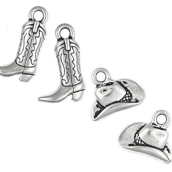 Silver Western Charms - 4 Piece Set TierraCast Western Cowboy Boot and Stetson Hat Charms - Antique Silver (P751)