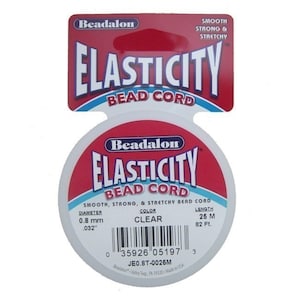May include: Clear Beadalon Elasticity Bead Cord. The packaging features the brand name and product name in white text on a red background. The cord is 0.8 mm (.032") in diameter and 82 ft. long.