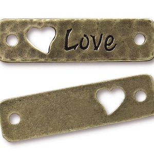 Antique Brass Focal Bar TierraCast LOVE Link with Heart Cut-Out Bronze Rivetable Leather Findings for Jewelry Making Craft Supplies (PF743)