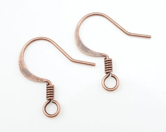 36 Antique Copper Earring Wires Copper Ear Findings Solid Copper Fishhook Fish Hook Coil Accent Earring Hooks French Hooks FSAC41  CFB704