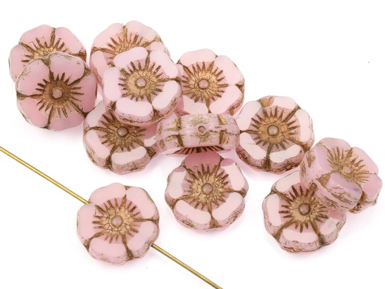 12mm Hibiscus Flower Beads Pink Opaline with Antique Finish Czech Glass Translucent Pastel Light Pink Beads for Flower Jewelry 092 image 1