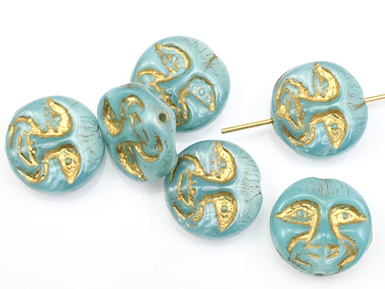 13mm Moon Face Beads Icy Blue Silk Opaque with Gold Wash Light Blue Czech Glass Coin Beads by Ravens Journey Celestial Moon Beads 738 image 5