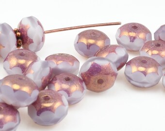 8 or more Light Purple Beads - 6mm x 9mm Rondelle Czech Glass Beads - Lavender Purple Silk with Bronze - Pale Periwinkle Firepolished Beads