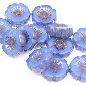 12mm Hibiscus Flower Beads Blue Flower Beads Sapphire Blue Opaline with Purple Bronze Czech Glass Flower Beads for Spring Jewelry 187 image 5