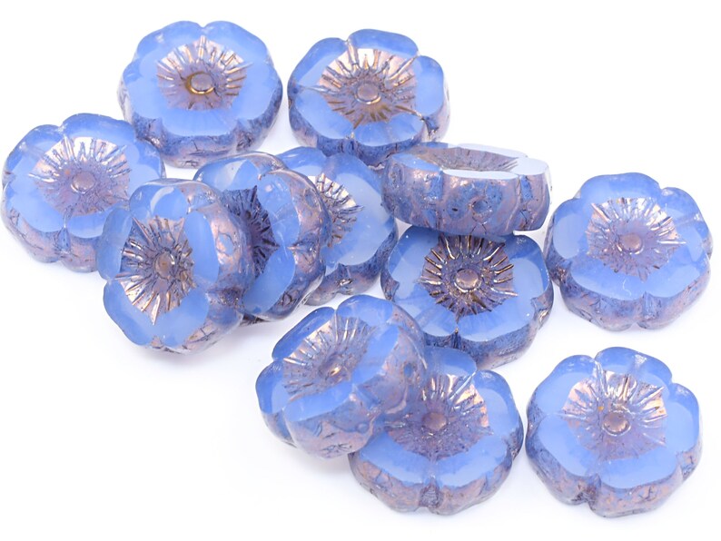 12mm Hibiscus Flower Beads Blue Flower Beads Sapphire Blue Opaline with Purple Bronze Czech Glass Flower Beads for Spring Jewelry 187 image 5