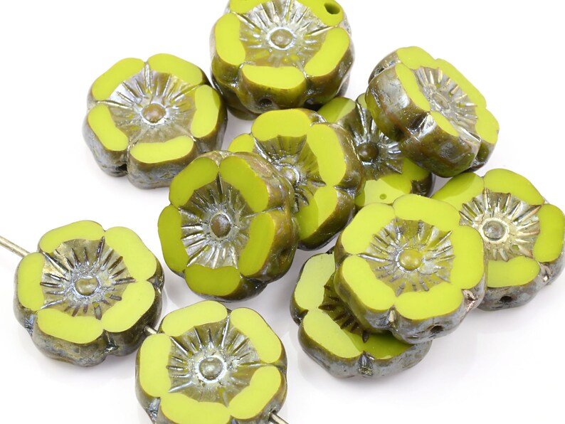 12mm Hibiscus Flower Beads Gaspeite Green Opaque Aurora Borealis and Picasso Finishes Czech Glass Flower Beads for Spring Jewelry 192 image 1