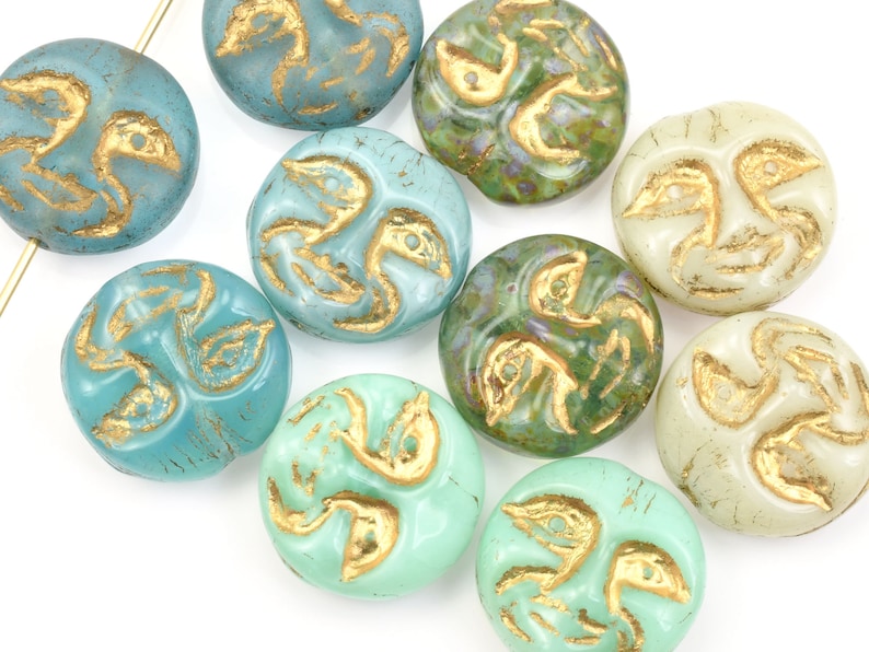 10 Piece Mix 13mm Moon Face Beads Light Blue Dark Teal Sea Green Dark Green Ivory Beads by Ravens Journey Celestial Moon Beads MIX1 image 2