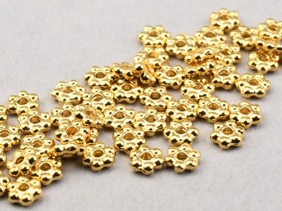 50 Pieces of 3mm Daisy Spacer Beads - TierraCast Pewter Electroplated Bright Gold Heishi Beads - Flat Flower Bali Style Gold Spacers (PS25)