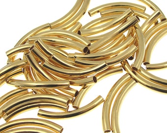 Gold Noodle Beads 26mm x 3.2mm - ID 2mm, Gold Plated Curved Tube Beads Gold Tube Beads Gold Noodles (T4)