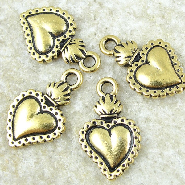 TierraCast Heart Milagro Charms - Antique Gold Sacred Heart Drops Pendants - Tierra Cast Pewter (P842)