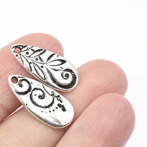 Antique Silver Charms Silver Tear Drop TierraCast JARDIN TEARDROP Floral Nature Charm with Swirly Vine Motif Bohemian Charms P2504 image 5