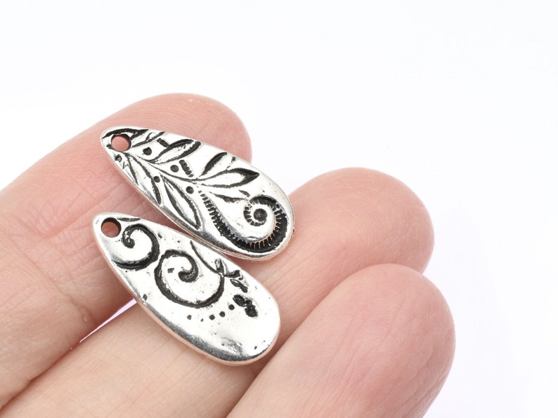 Antique Silver Charms Silver Tear Drop TierraCast JARDIN TEARDROP Floral Nature Charm with Swirly Vine Motif Bohemian Charms P2504 image 5