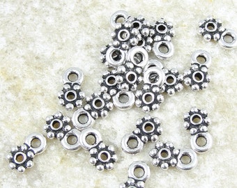 20 Flat Daisy Heishi Beads with Loop - Charm Bracelet Supplies - Antique Silver TierraCast 5mm Beaded Charm Loop Spacers (PS190)