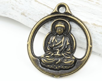 Antique Brass Buddha Pendant - TierraCast Brass Oxide Round Buddha Charm - 21mm x 24mm Bronze Yoga Charms for Meditation Jewelry (P1752)