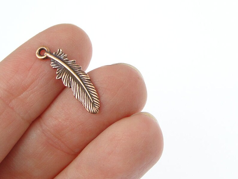 Feather Charms 23mm Antique Copper Charms TierraCast Small Feather Drop Pewter Metal Beads Tribal Native American P805 image 2