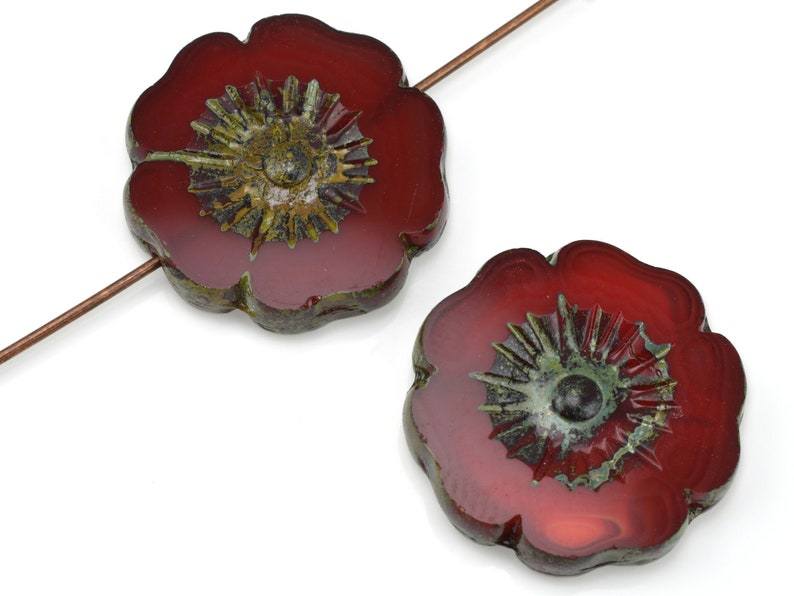 17mm Red With Travertine Finish 0066 Beads Table Cut Czech Glass Beads Flower Beads