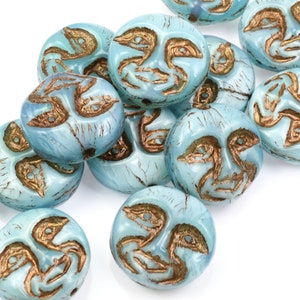 13mm Moon Face Beads Icy Blue Silk Opaque with Dark Bronze Wash Czech Glass Coin Beads by Ravens Journey Celestial Moon Beads 730 image 2