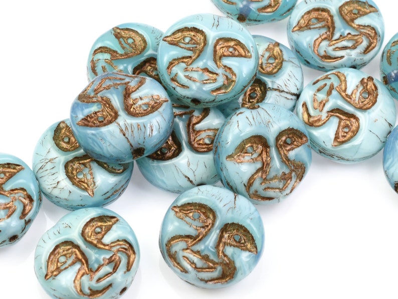 13mm Moon Face Beads Icy Blue Silk Opaque with Dark Bronze Wash Czech Glass Coin Beads by Ravens Journey Celestial Moon Beads 730 image 2