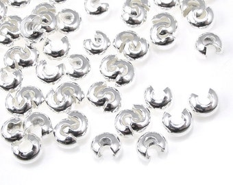 144 3mm Crimp Covers - Silver Crimp Covers - Bright Plated Silver Crimp Ends -  Silver Findings - Crimp Findings (FB11)