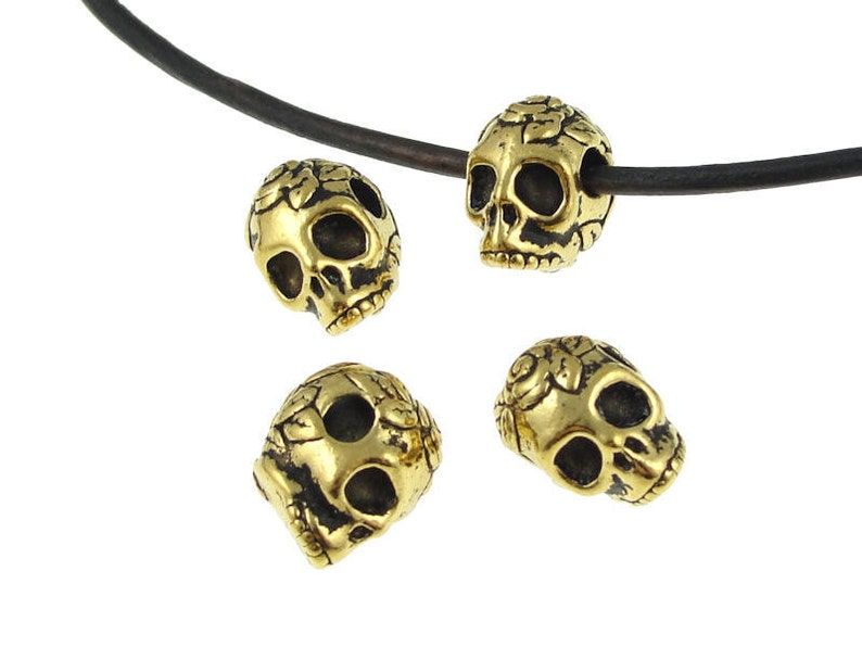 Gold Skull Beads TierraCast Antique Gold Rose Skull Sugar Skull Large Hole Beads for Leather Day of the Dead Dia de los Muertos 94-5715-26 image 1