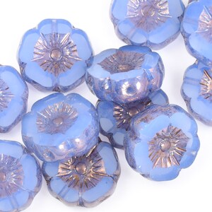 12mm Hibiscus Flower Beads Blue Flower Beads Sapphire Blue Opaline with Purple Bronze Czech Glass Flower Beads for Spring Jewelry 187 image 4