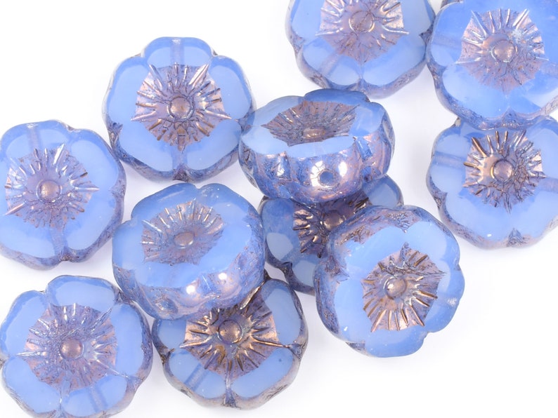 12mm Hibiscus Flower Beads Blue Flower Beads Sapphire Blue Opaline with Purple Bronze Czech Glass Flower Beads for Spring Jewelry 187 image 4