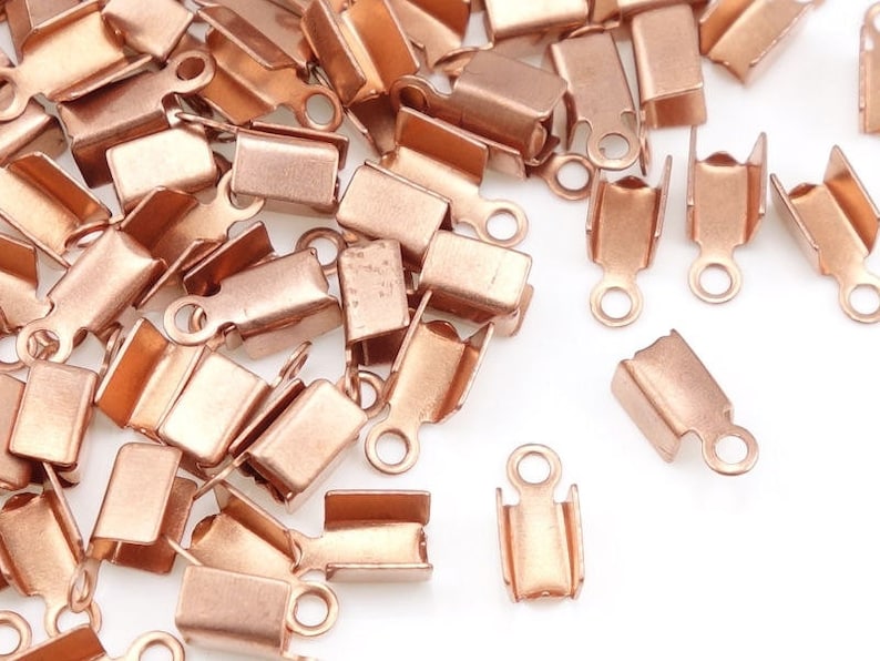 72 Copper Cord Crimp Ends Solid Copper Cord Ends Raw Bright Copper Findings Leather Jewelry Findings Fold Over Cord End FSC1 image 1