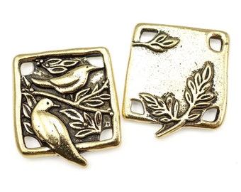 Antique Gold Charm TierraCast Botanical Birds Link Findings for Woodland Nature Jewelry Forest Leaf Charm - 2 or more pieces (P1606)