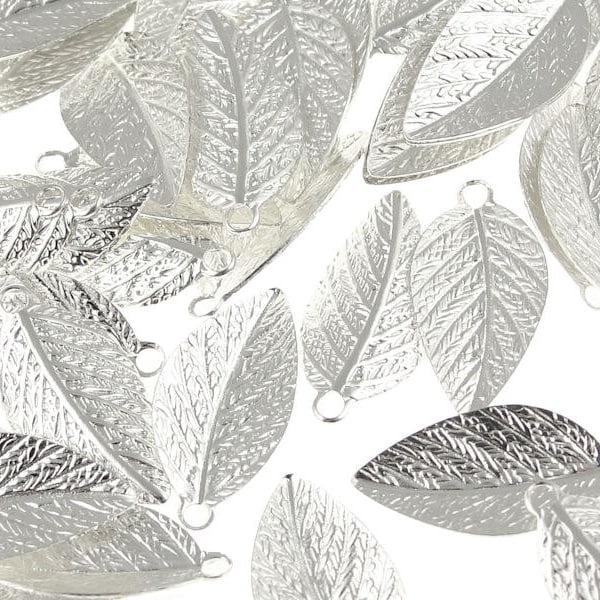 Silver Leaf Charms - 15mm x 7mm Silver Plated Leaf Drops -  Autumn Leaves Fall Jewelry Supplies