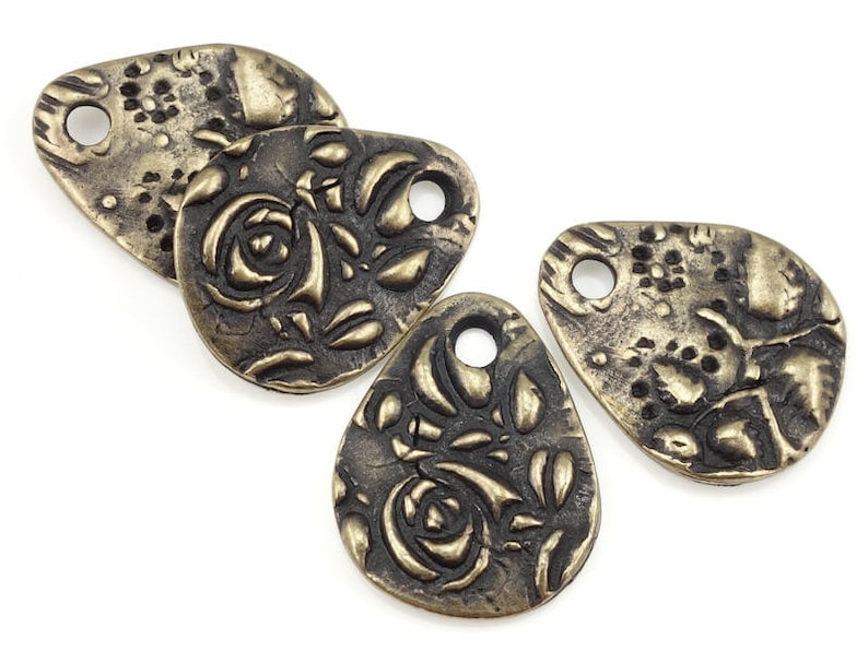 Antique Brass Charms Brass Rose Bud and Leaves Bronze Charms TierraCast SMALL FLORA TEARDROP Charms Bohemian Charms for Jewelry Making p1382 image 2