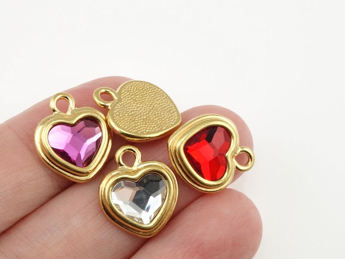 Crystal Heart Charms Gold Charms Custom Color Choice Fuchsia Etsy