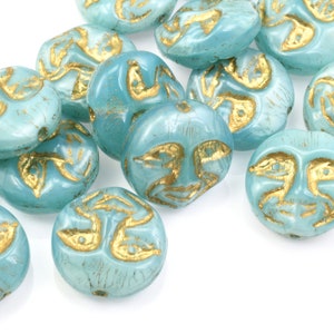 13mm Moon Face Beads Icy Blue Silk Opaque with Gold Wash Light Blue Czech Glass Coin Beads by Ravens Journey Celestial Moon Beads 738 image 2