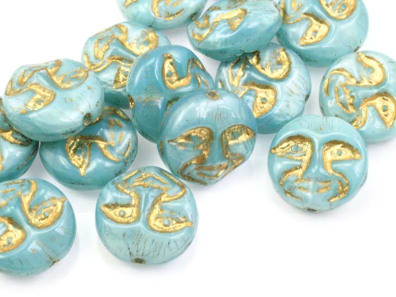 13mm Moon Face Beads Icy Blue Silk Opaque with Gold Wash Light Blue Czech Glass Coin Beads by Ravens Journey Celestial Moon Beads 738 image 2