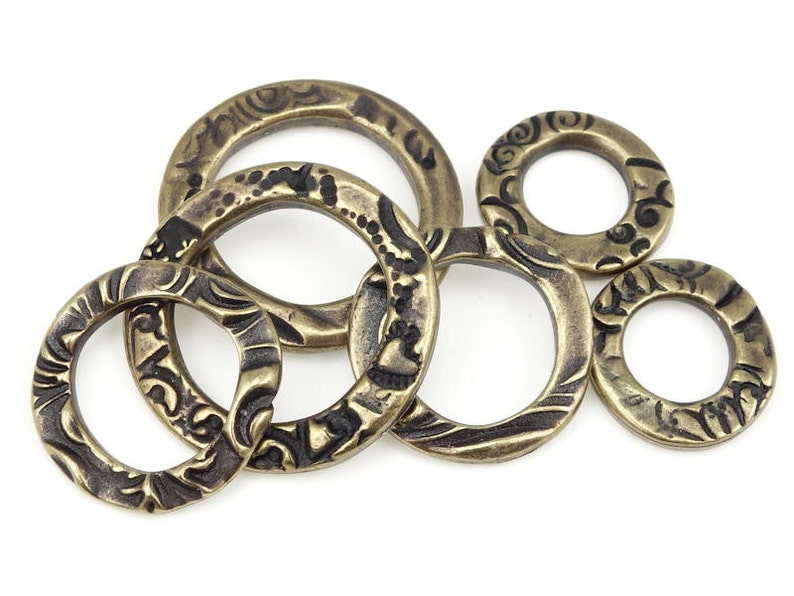 6 Piece Assortment Mix of Antique Brass Circle Charms Brass Metal Rings TierraCast FLORA RING Charms Bronze Charms for Bohemian Jewelry image 1