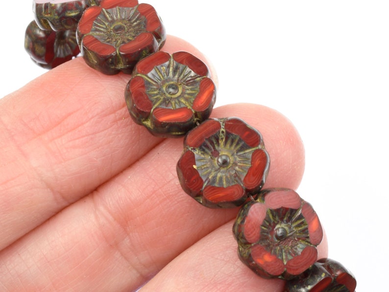 12mm Hibiscus Flower Beads Dark Red Opaline Mix with Picasso Finish Czech Glass Flower Beads for Spring Jewelry 183 image 6