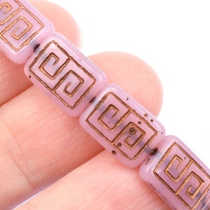 12 Pieces 13mm x 9mm Greek Key Rectangle Czech Glass Beads Pink Opaline with Dark Bronze Wash Light Pink Beads for Jewelry Making 186 image 5