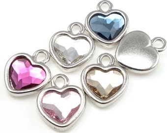Crystal Heart Charms Silver Heart Charms TierraCast with Swarovski Crystal Bright Rhodium Silver Red Heart Pink Heart Blue Heart Drops