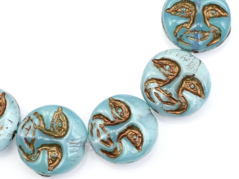 13mm Moon Face Beads Icy Blue Silk Opaque with Dark Bronze Wash Czech Glass Coin Beads by Ravens Journey Celestial Moon Beads 730 image 3