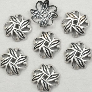 72 Pieces of 10mm Filigree Petal Bead Caps - Dark ANTIQUE SILVER Bead Cap Findings - Matte Silver Plated Shallow Flat Wide Beadcaps   #FB402