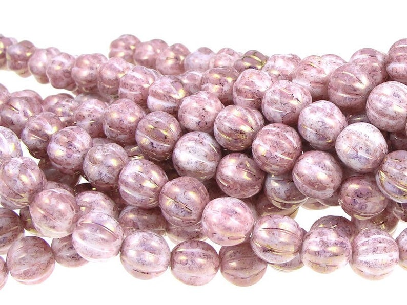 Light Pink Beads 8mm Pumpkin Beads Czech Glass Melon Beads Raspberry Swirl Light Rose Luster Beads 8mm Round Beads Pressed Glass image 1