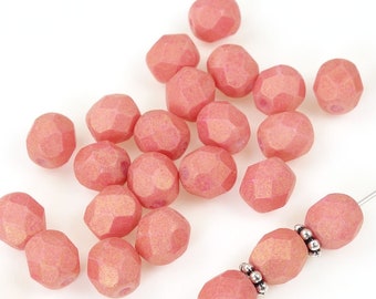 25 6mm Pink Beads - Czech Glass Fire Polish Faceted Beads - PACIFICA WATERMELON - Light Rose Pink Jewelry Beads  Light Coral Pink Glass Bead