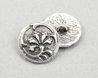 Vignette Flower Button by TierraCast - 15mm Antique Silver Button Clasp Findings - Electroplated Pewter Woodland Rustic Nature  #P3030