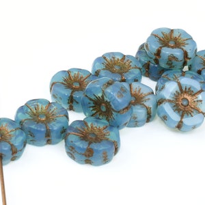 12mm Hibiscus Flower Beads Aqua Silk with Dark Bronze Wash Blue Flower Beads Flat Czech Glass Flower Beads for Spring Jewelry 957 image 4