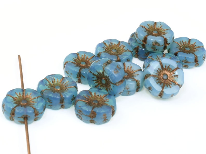 12mm Hibiscus Flower Beads Aqua Silk with Dark Bronze Wash Blue Flower Beads Flat Czech Glass Flower Beads for Spring Jewelry 957 image 4