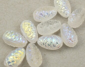 10 Pieces Glass Pinecone Beads - 13mm x 8mm Crystal Transparent Matte with Aurora Borealis Finish - Pressed Czech Glass #267