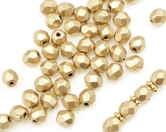 50 4mm Czech Glass Beads - MATTE METALLIC FLAX Beads - 4mm Round Firepolish Fire Polish Beads - Light Gold Color Glass Beads Summer Fall
